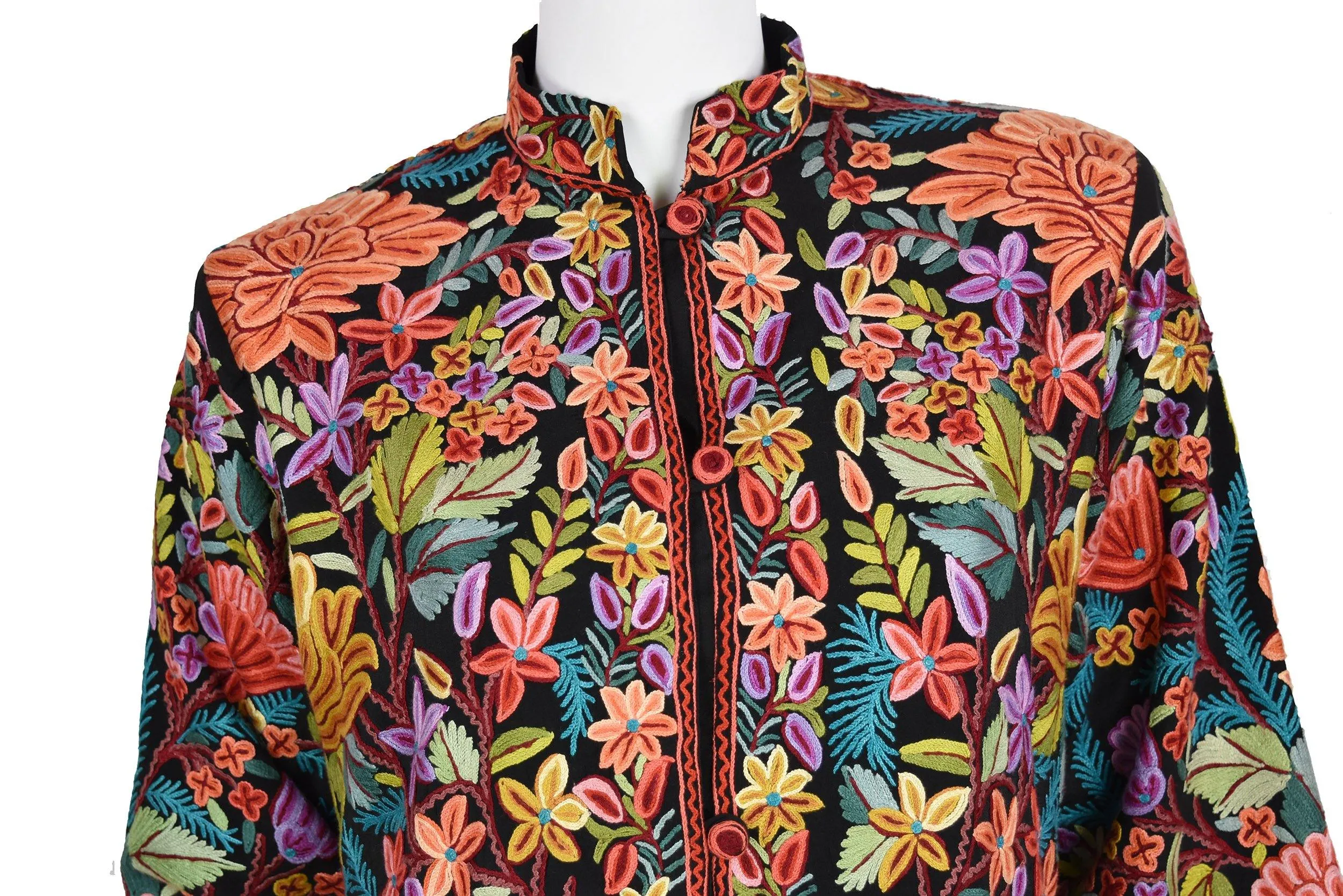 Asteria Georgette Silk Jacket Dinner Black Floral Evening Dress Coat Hand Embroidered Kashmir