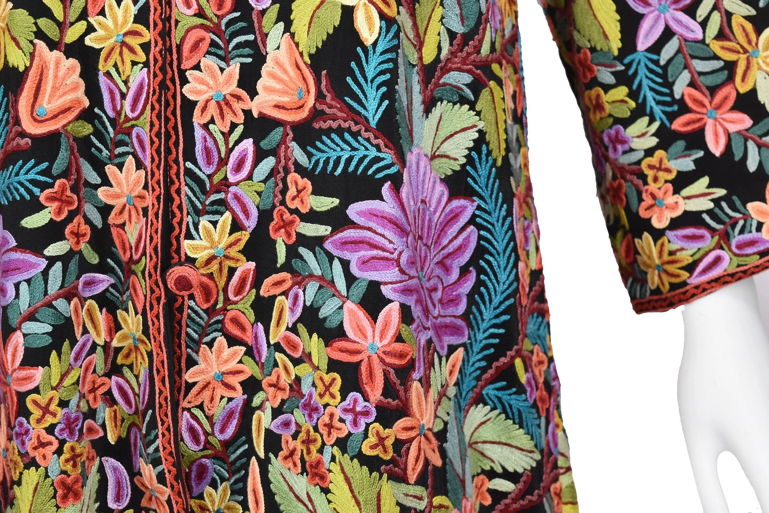Asteria Georgette Silk Jacket Dinner Black Floral Evening Dress Coat Hand Embroidered Kashmir