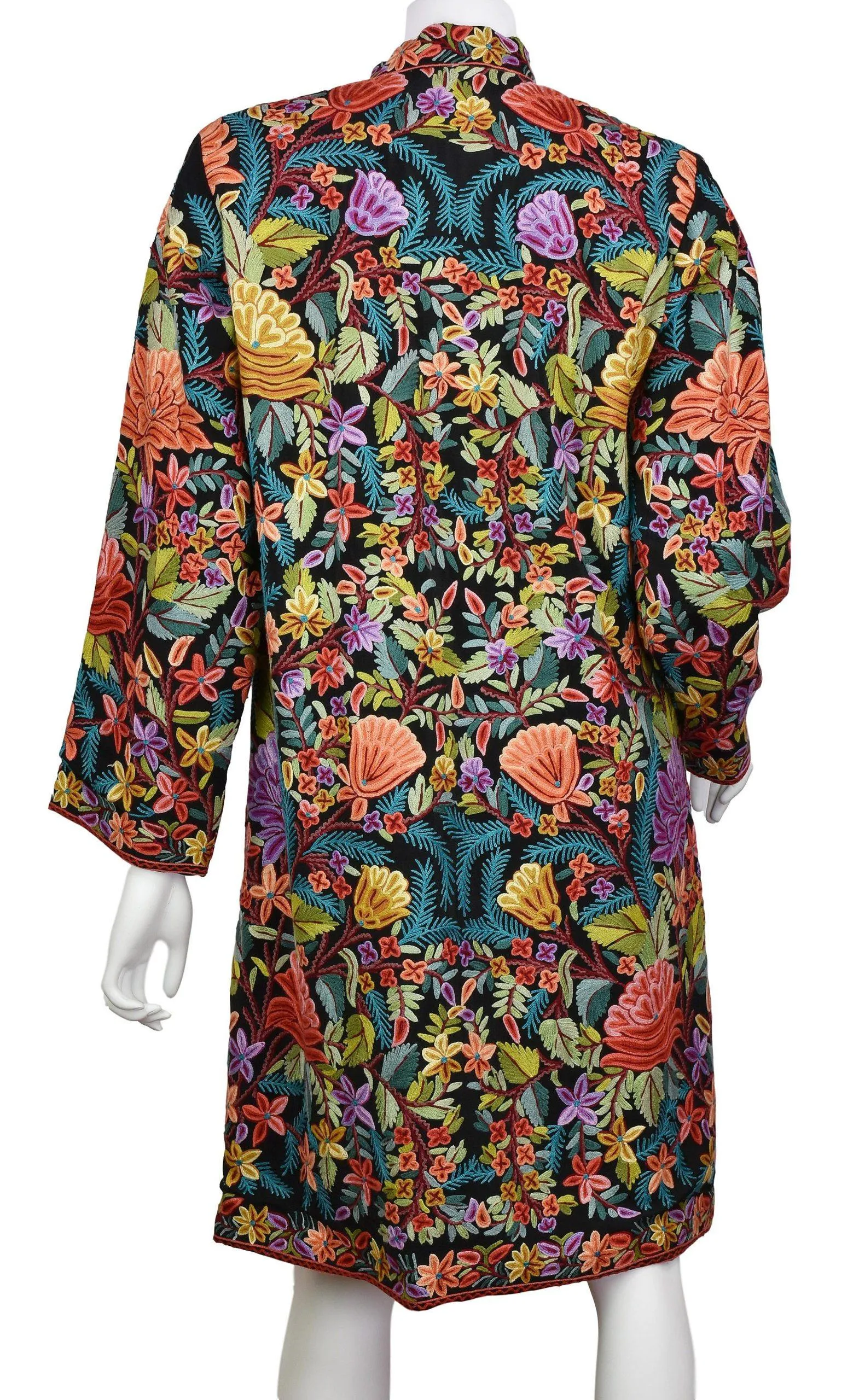 Asteria Georgette Silk Jacket Dinner Black Floral Evening Dress Coat Hand Embroidered Kashmir