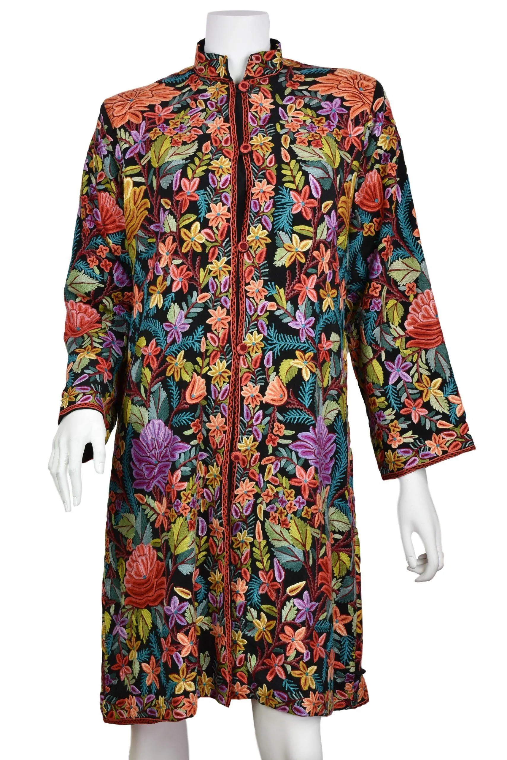Asteria Georgette Silk Jacket Dinner Black Floral Evening Dress Coat Hand Embroidered Kashmir