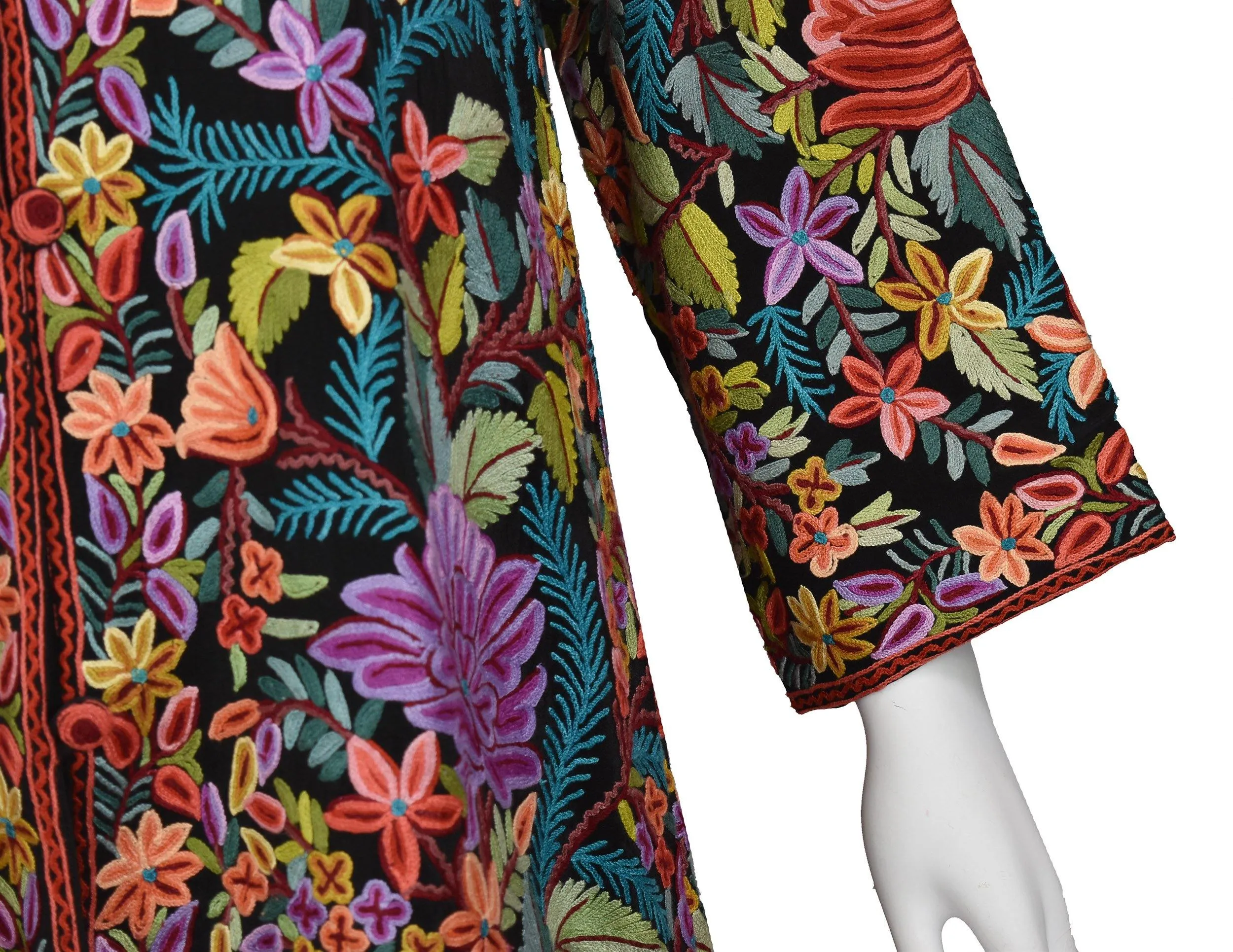 Asteria Georgette Silk Jacket Dinner Black Floral Evening Dress Coat Hand Embroidered Kashmir