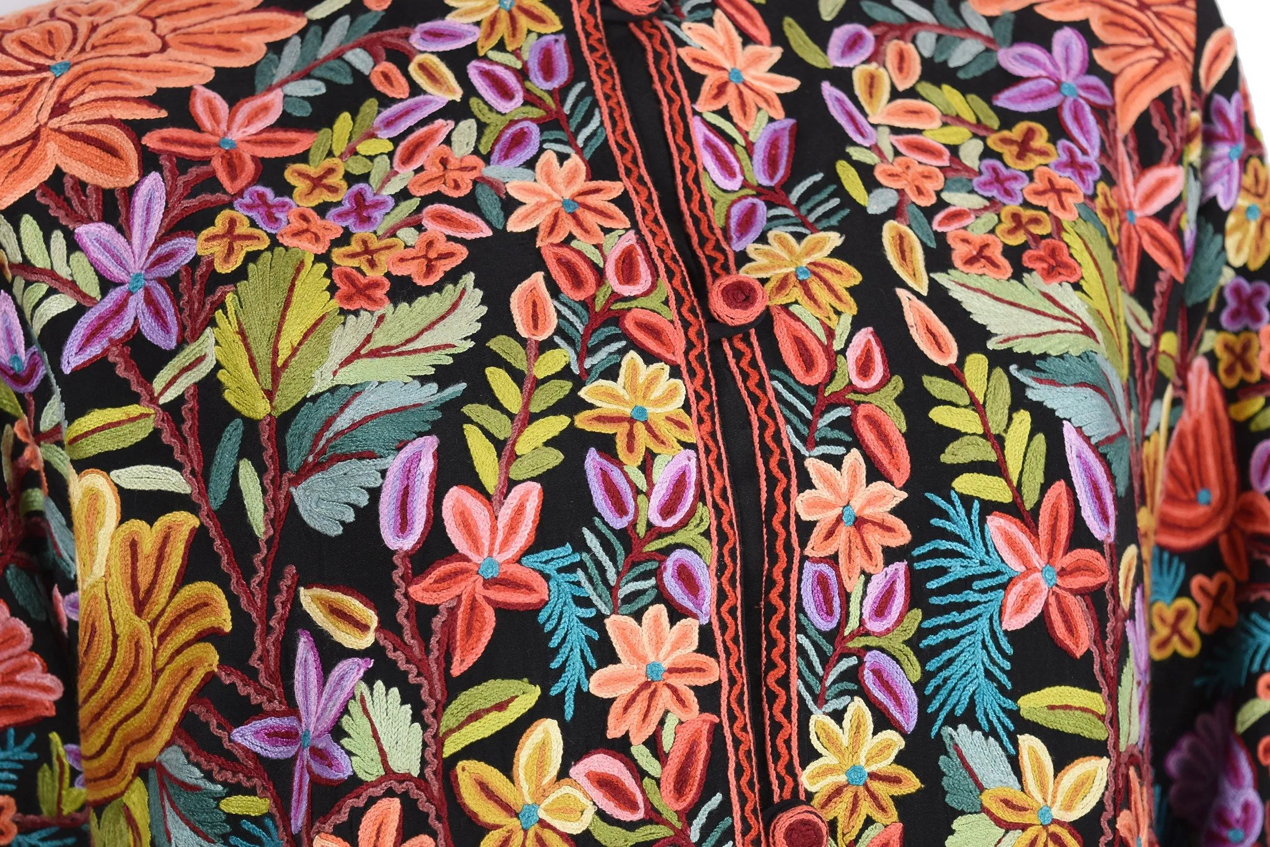 Asteria Georgette Silk Jacket Dinner Black Floral Evening Dress Coat Hand Embroidered Kashmir