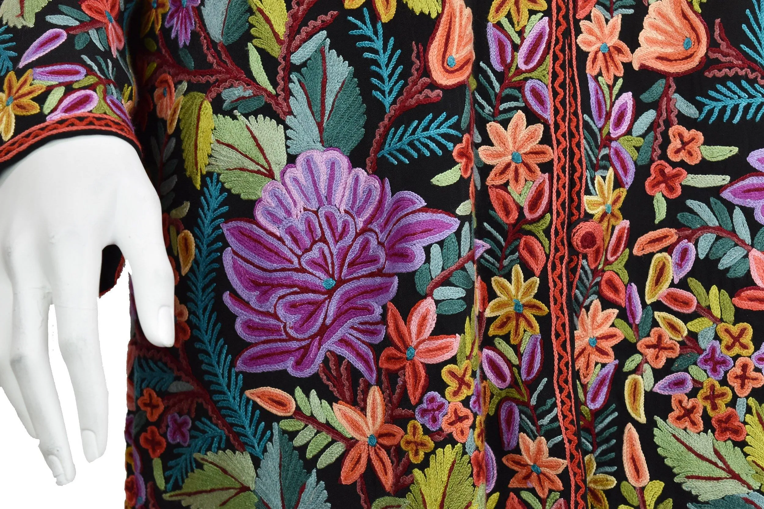 Asteria Georgette Silk Jacket Dinner Black Floral Evening Dress Coat Hand Embroidered Kashmir