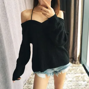 Autumn And Winter Sexy Off Shoulder Backless Cross Solid Color Knitted Sweater