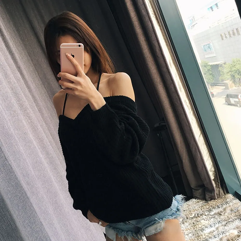 Autumn And Winter Sexy Off Shoulder Backless Cross Solid Color Knitted Sweater