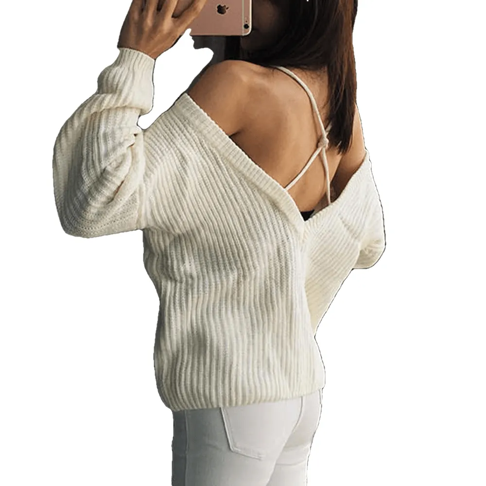 Autumn And Winter Sexy Off Shoulder Backless Cross Solid Color Knitted Sweater
