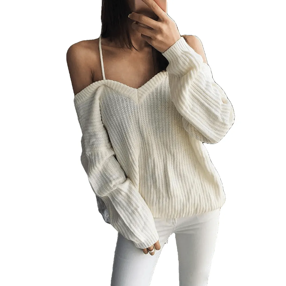 Autumn And Winter Sexy Off Shoulder Backless Cross Solid Color Knitted Sweater