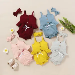 Baby Girl 3pcs Solid Color Cami Top & Shorts & Headband