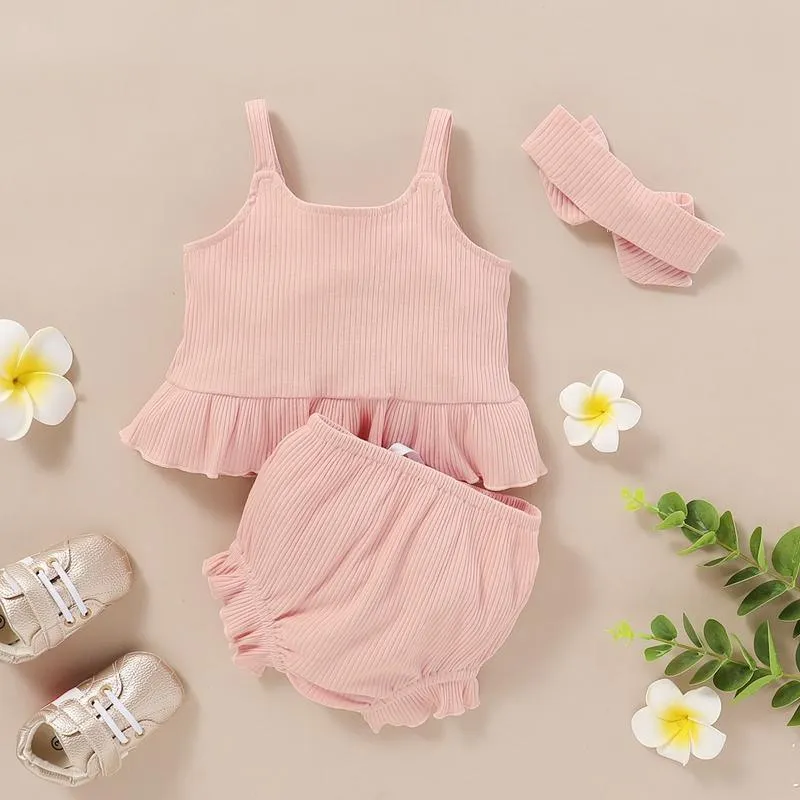 Baby Girl 3pcs Solid Color Cami Top & Shorts & Headband