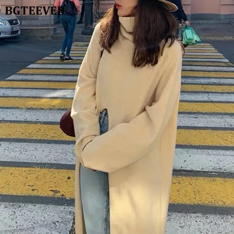BGTEEVER Turtleneck Split Long Women Sweater Fall Winter Elegant Loose Knitted Pullovers