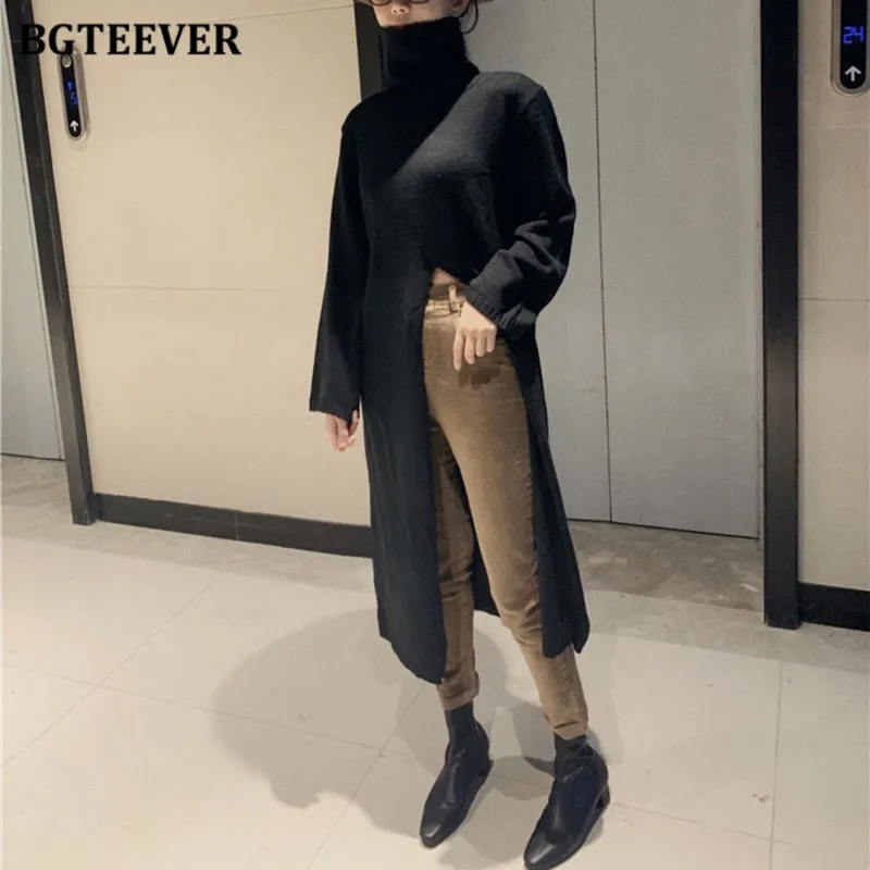 BGTEEVER Turtleneck Split Long Women Sweater Fall Winter Elegant Loose Knitted Pullovers