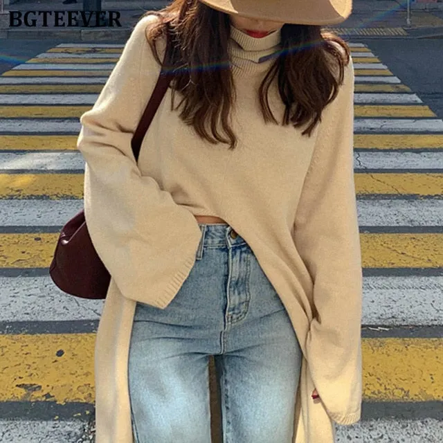 BGTEEVER Turtleneck Split Long Women Sweater Fall Winter Elegant Loose Knitted Pullovers