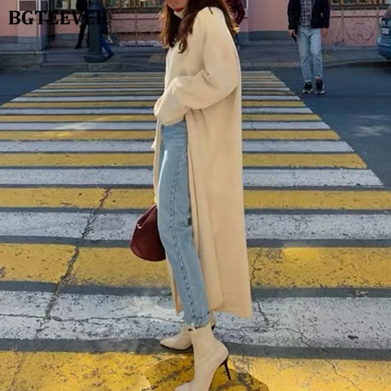 BGTEEVER Turtleneck Split Long Women Sweater Fall Winter Elegant Loose Knitted Pullovers