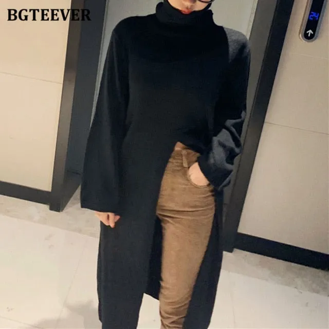 BGTEEVER Turtleneck Split Long Women Sweater Fall Winter Elegant Loose Knitted Pullovers