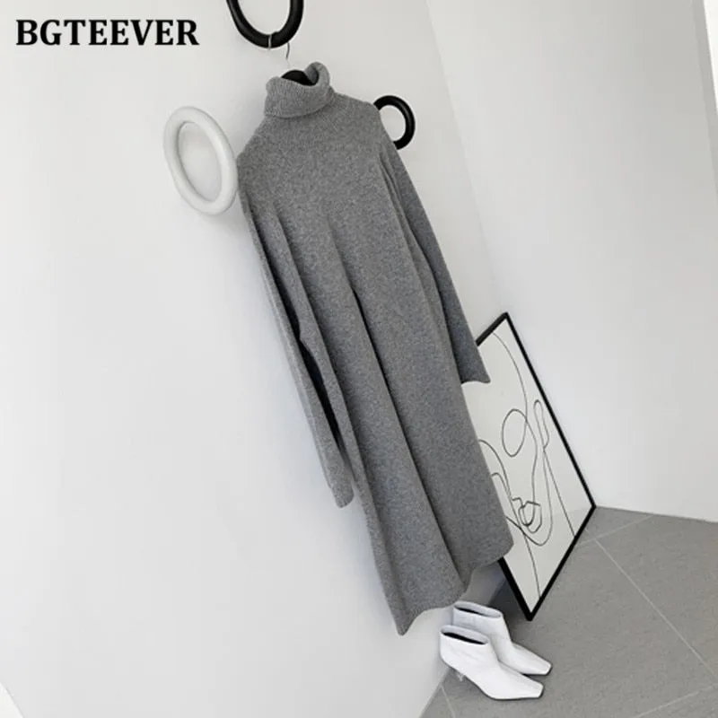 BGTEEVER Turtleneck Split Long Women Sweater Fall Winter Elegant Loose Knitted Pullovers