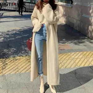 BGTEEVER Turtleneck Split Long Women Sweater Fall Winter Elegant Loose Knitted Pullovers