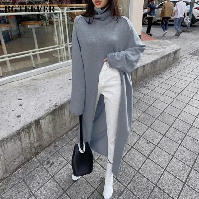 BGTEEVER Turtleneck Split Long Women Sweater Fall Winter Elegant Loose Knitted Pullovers