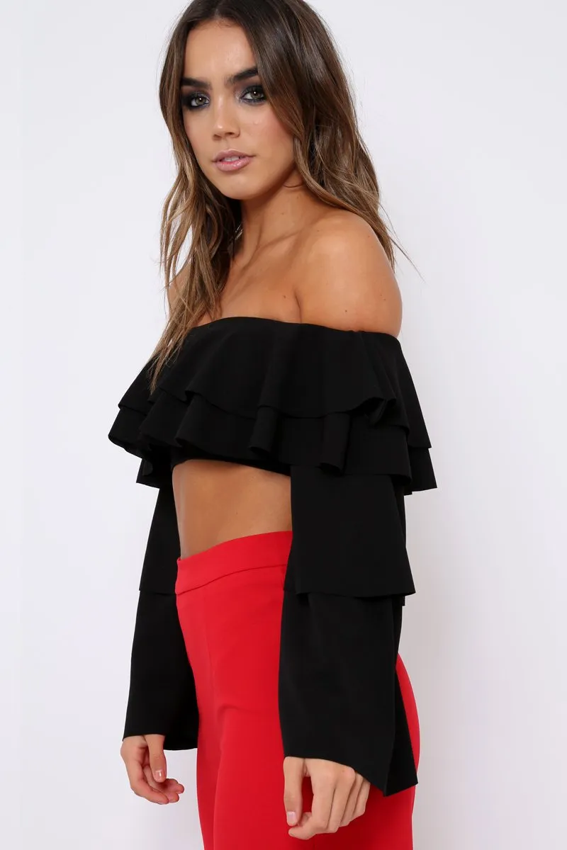 Black extreme Layered Frill Bardot Crop Top - Nevaeh