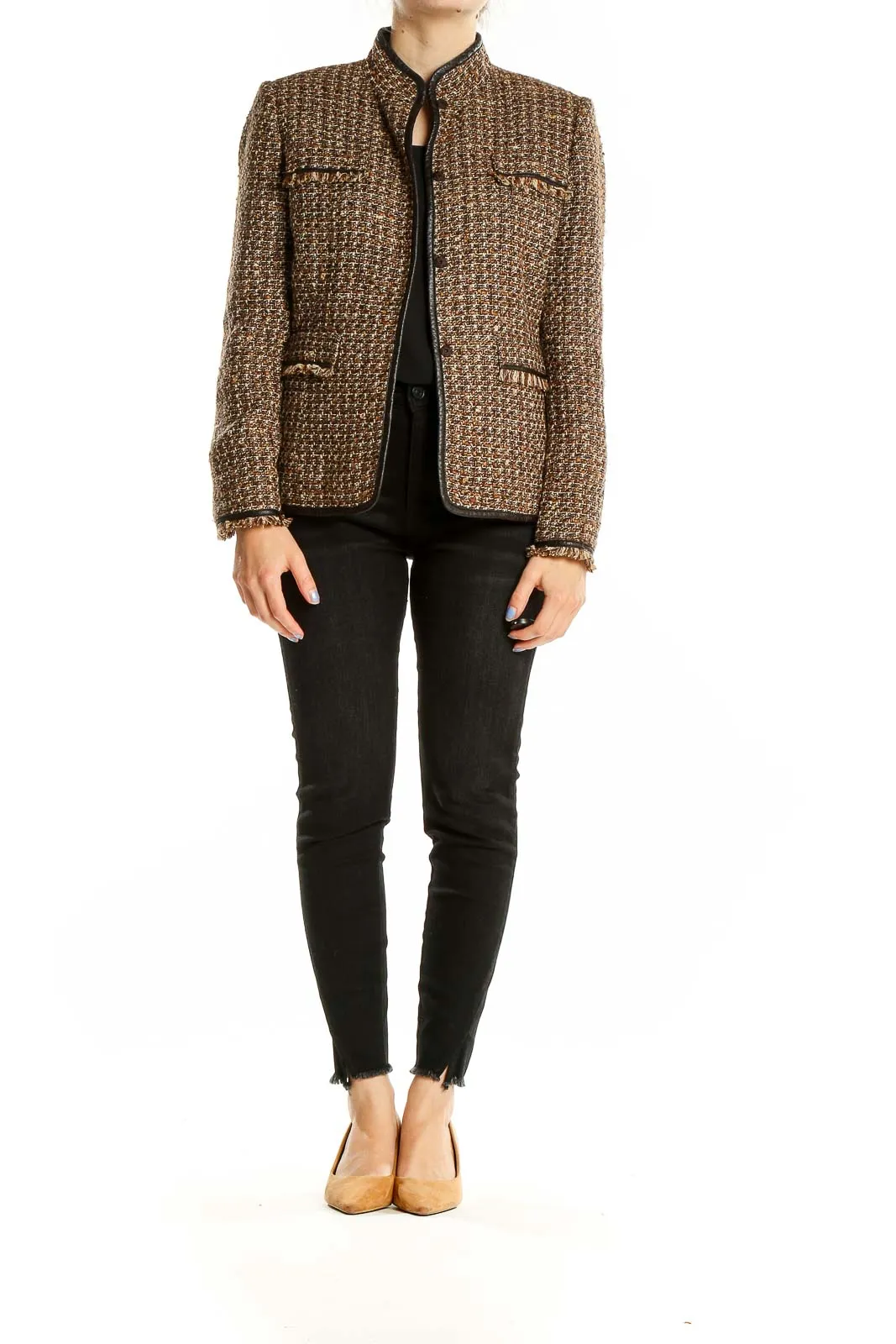 Brown Tweed Mandarin Collar Jacket