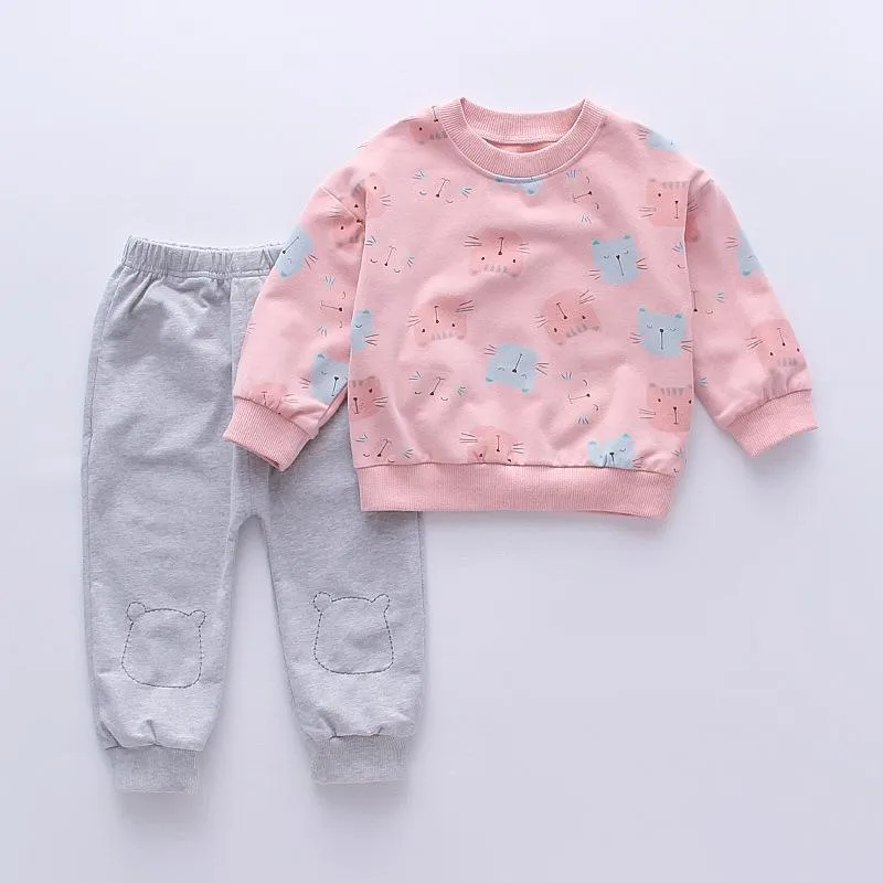 bulk buy baby vests Baby Girl Cat Print Long Sleeves Pajamas Top & Pants