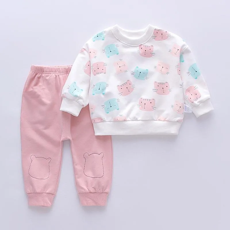 bulk buy baby vests Baby Girl Cat Print Long Sleeves Pajamas Top & Pants