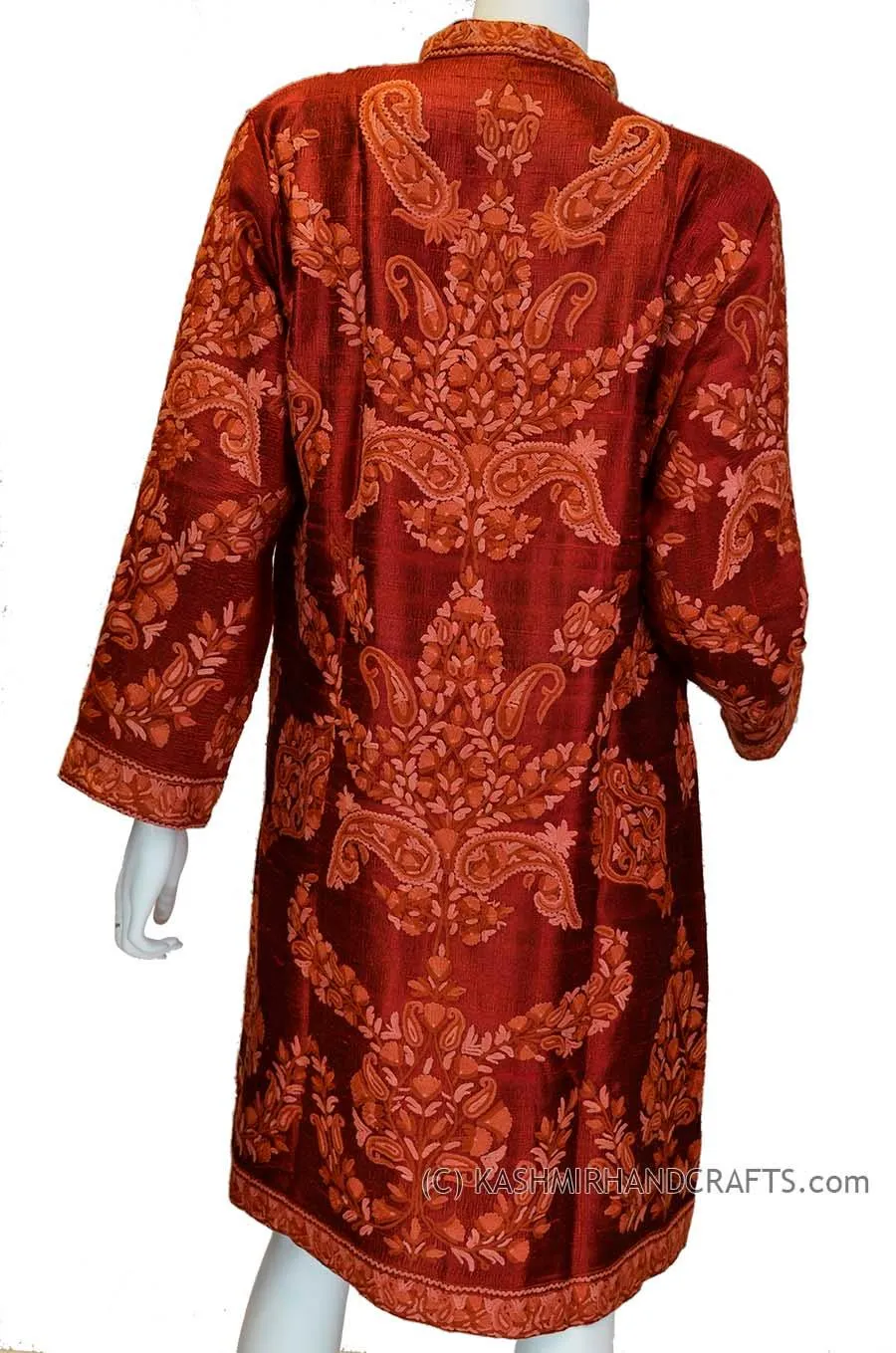 Burgundy Silk Jacket Dinner Paisley Red Evening Dress Coat Hand Embroidered Kashmir