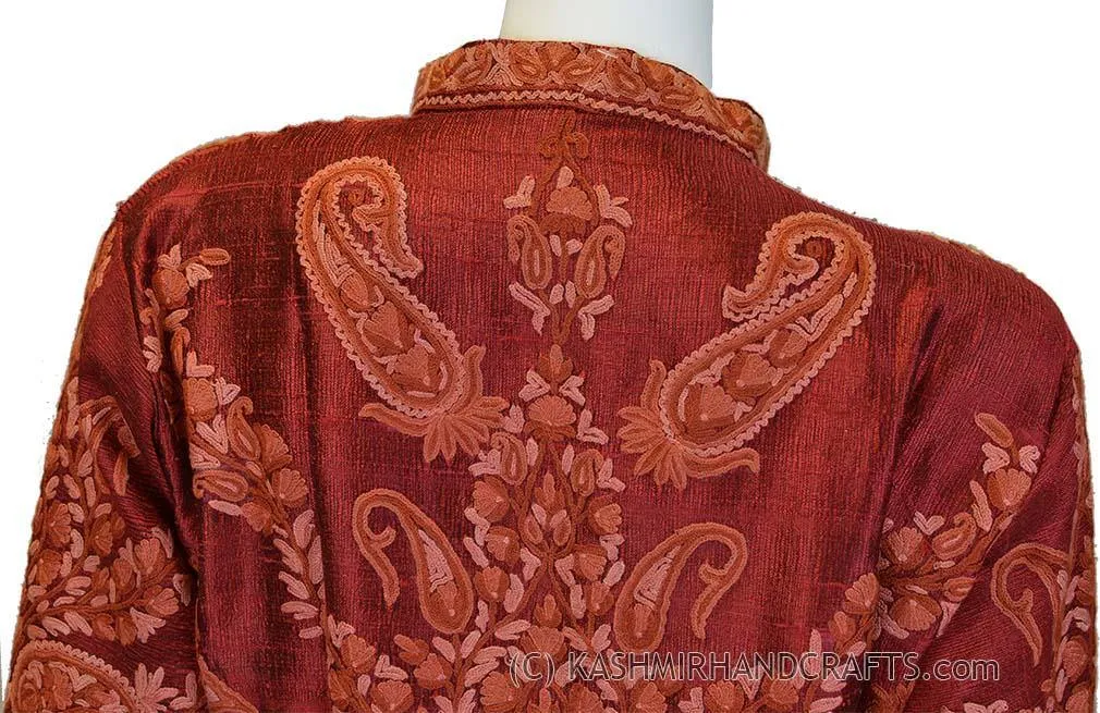 Burgundy Silk Jacket Dinner Paisley Red Evening Dress Coat Hand Embroidered Kashmir