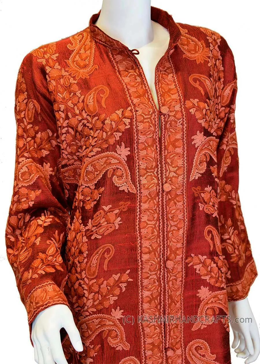 Burgundy Silk Jacket Dinner Paisley Red Evening Dress Coat Hand Embroidered Kashmir