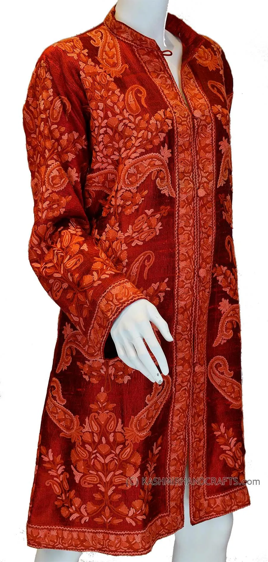 Burgundy Silk Jacket Dinner Paisley Red Evening Dress Coat Hand Embroidered Kashmir