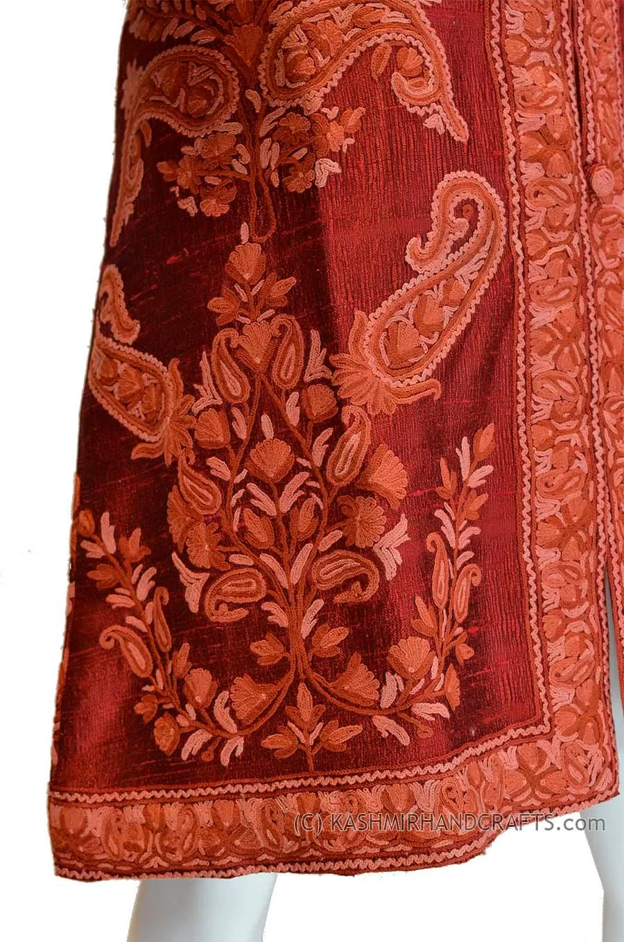 Burgundy Silk Jacket Dinner Paisley Red Evening Dress Coat Hand Embroidered Kashmir