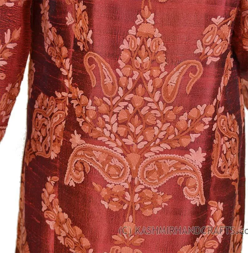 Burgundy Silk Jacket Dinner Paisley Red Evening Dress Coat Hand Embroidered Kashmir