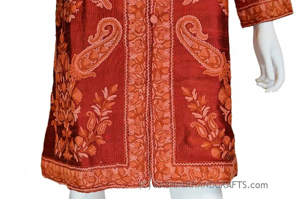 Burgundy Silk Jacket Dinner Paisley Red Evening Dress Coat Hand Embroidered Kashmir
