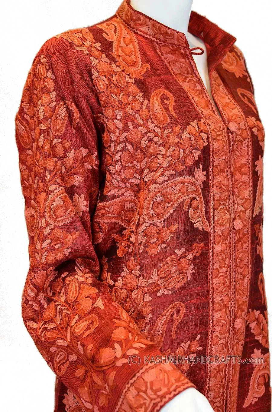 Burgundy Silk Jacket Dinner Paisley Red Evening Dress Coat Hand Embroidered Kashmir