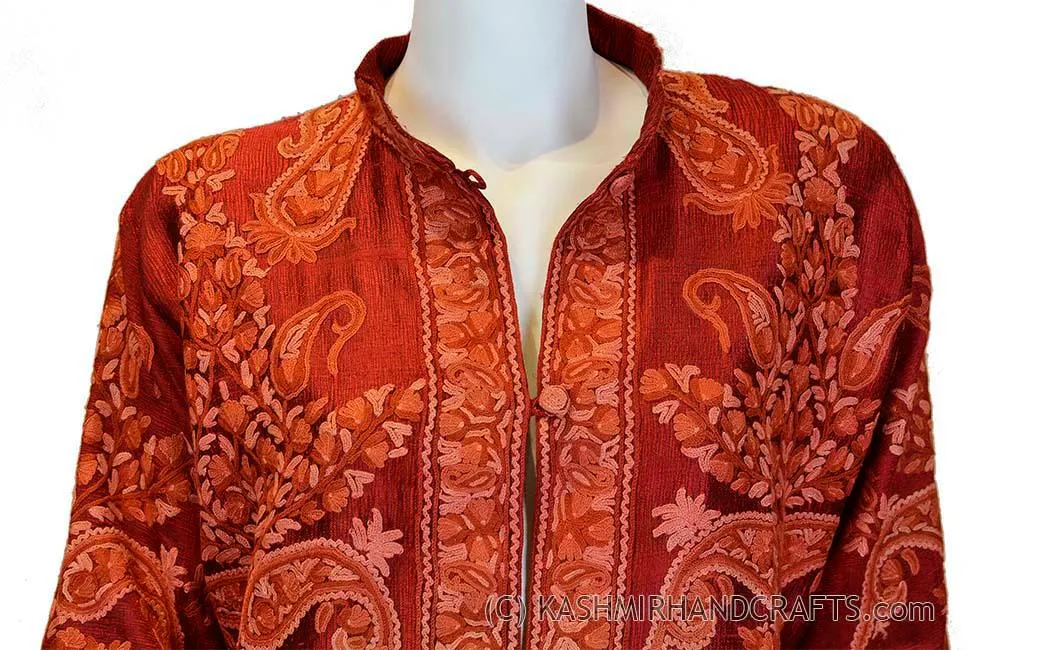 Burgundy Silk Jacket Dinner Paisley Red Evening Dress Coat Hand Embroidered Kashmir