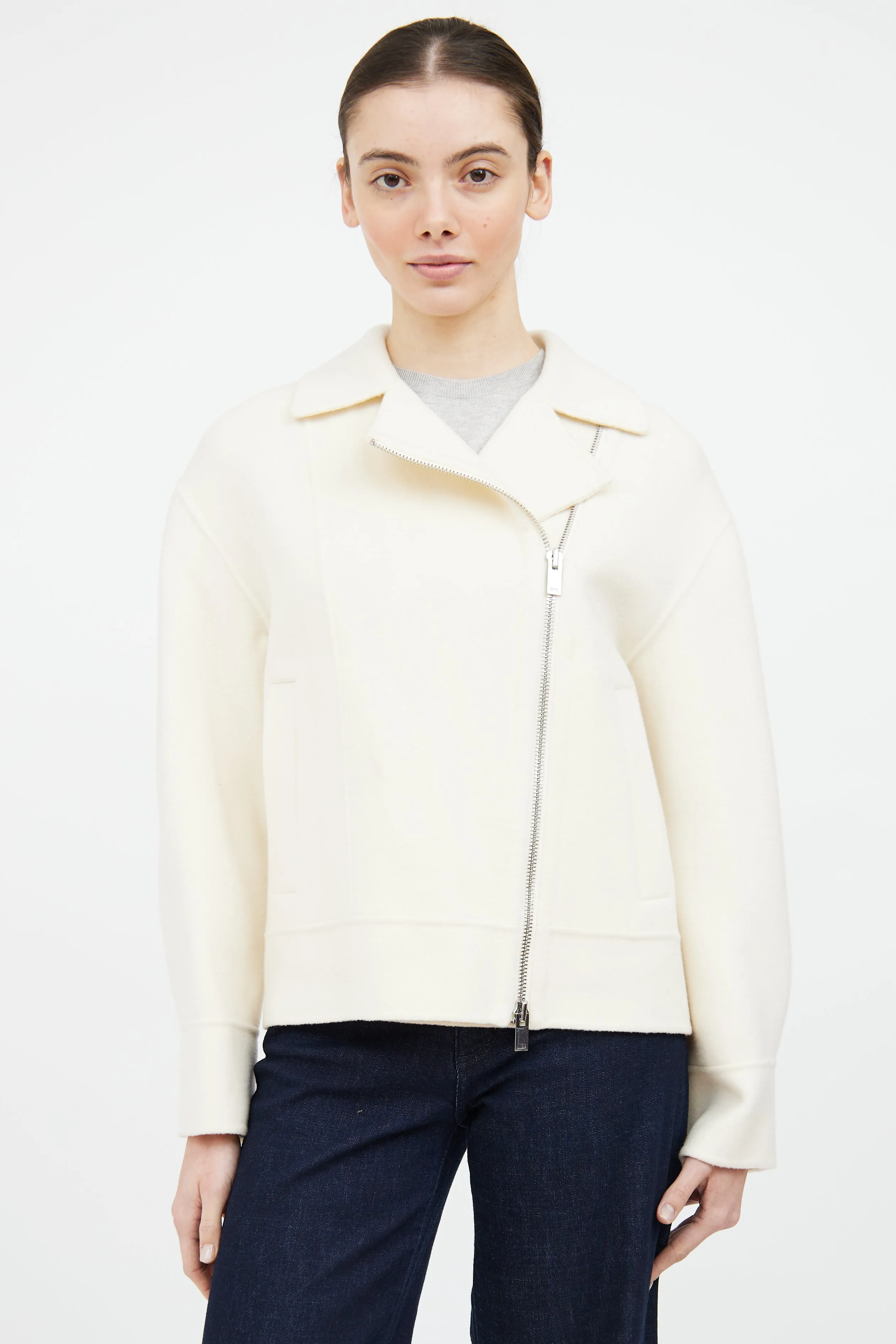 Cream Wool Blend Zip Jacket