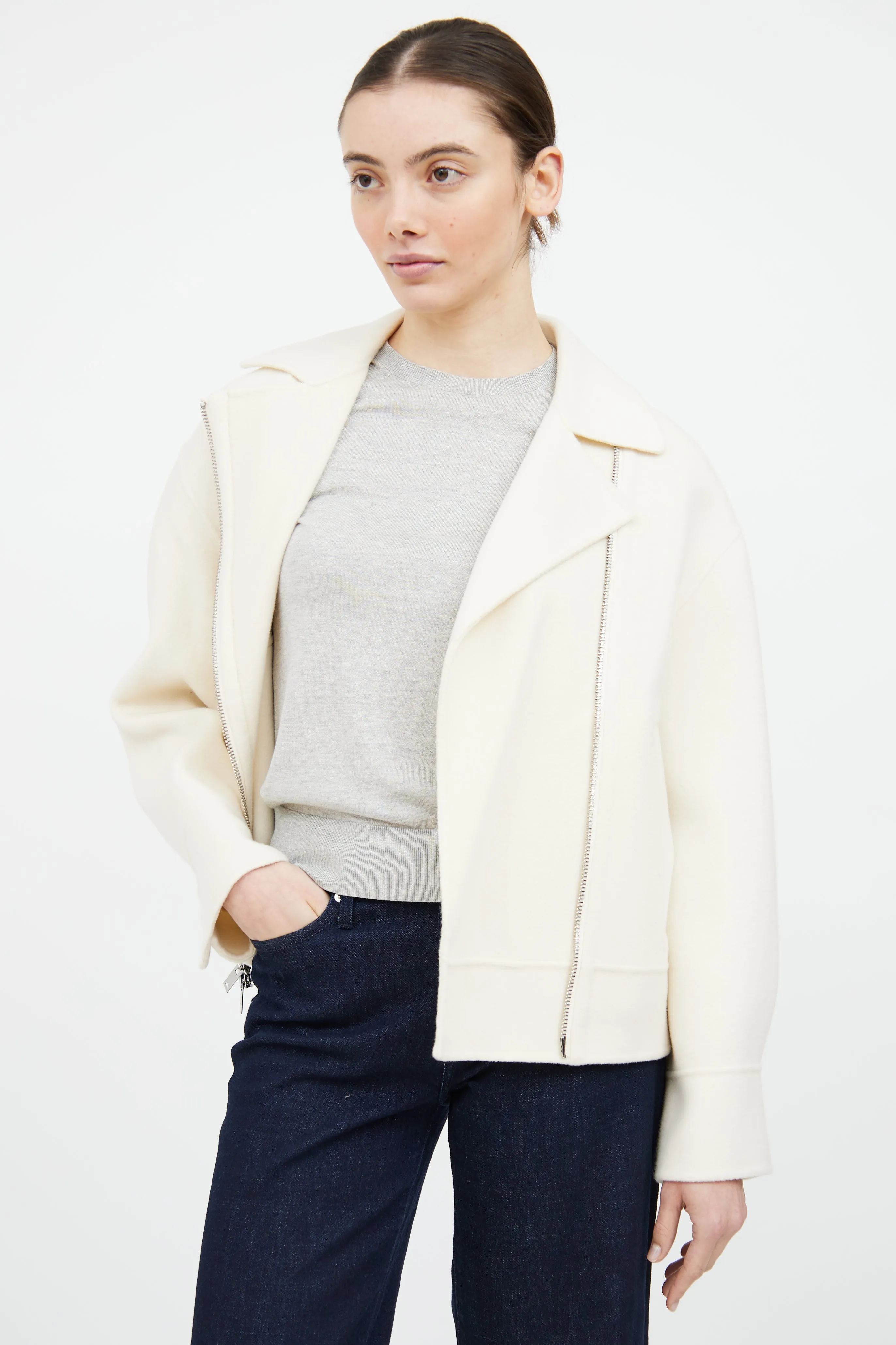 Cream Wool Blend Zip Jacket