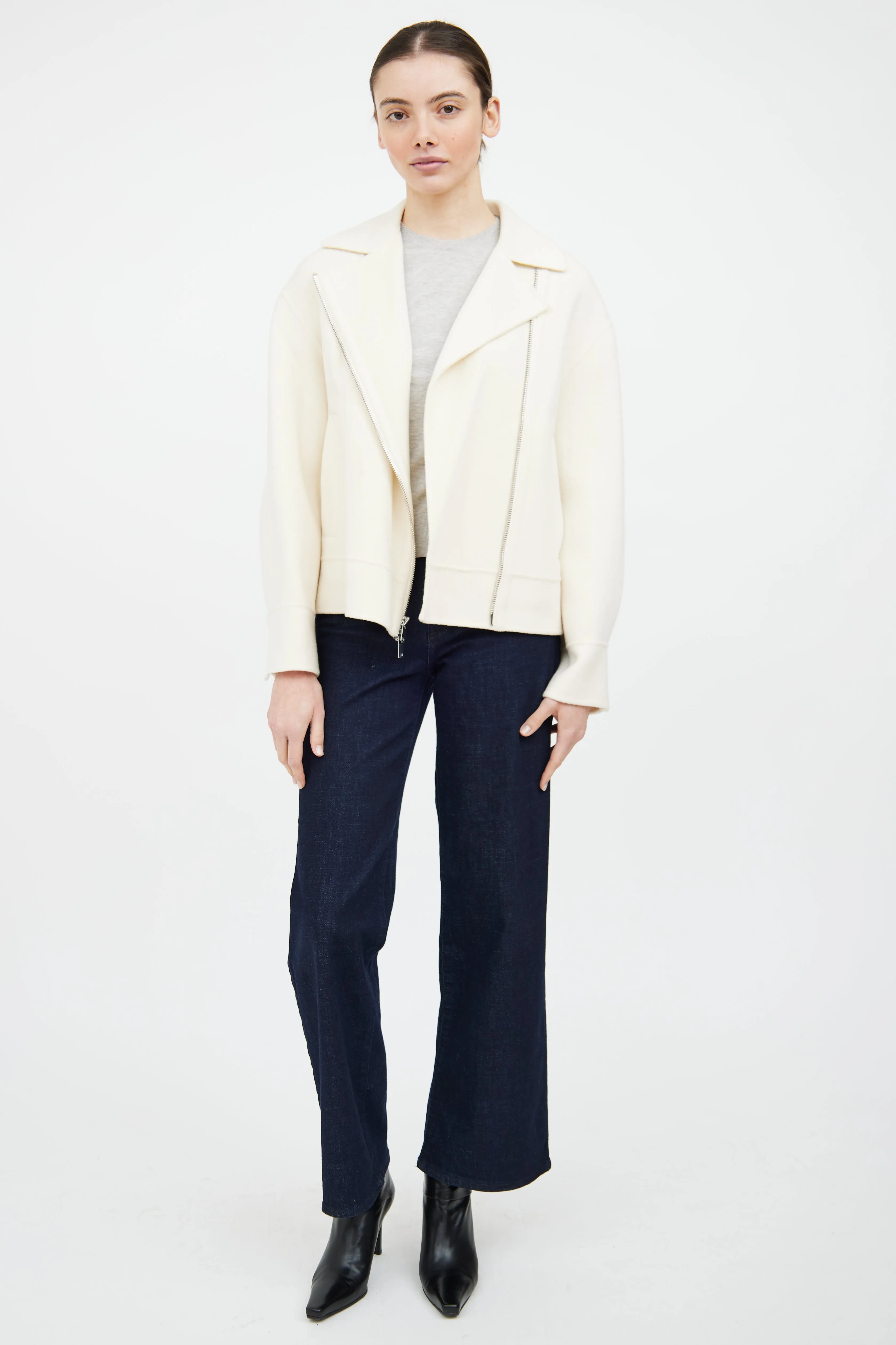 Cream Wool Blend Zip Jacket