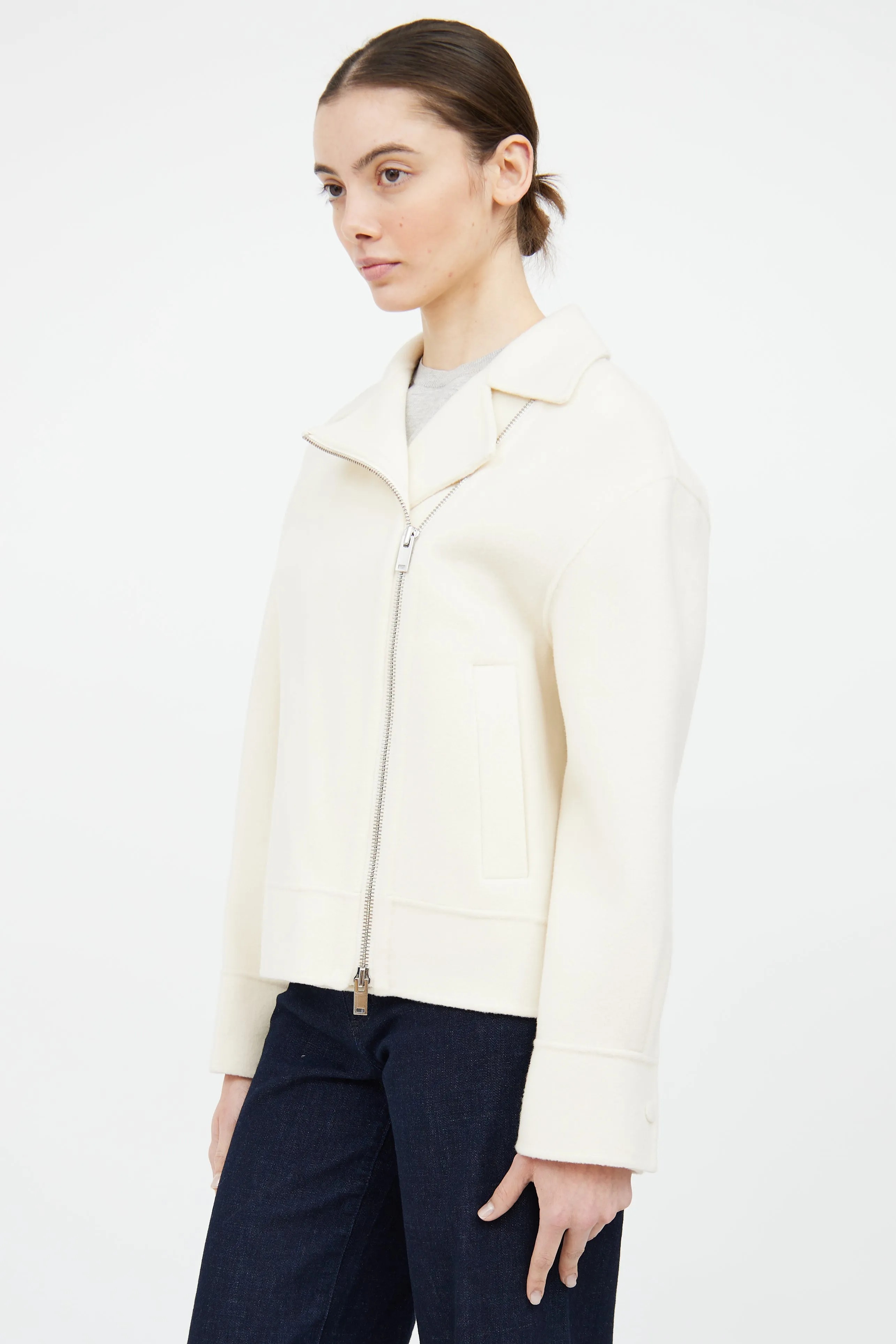 Cream Wool Blend Zip Jacket