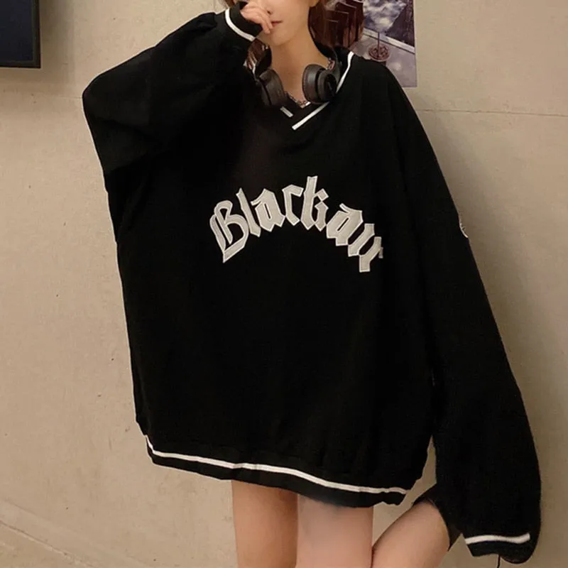 Fashionkova  Women Letter Loose Pullover Tops Tee Korean Harajuku Long-Sleeves Hoodies Female Casual Sweatshirts Pullovers Clothes Oversized