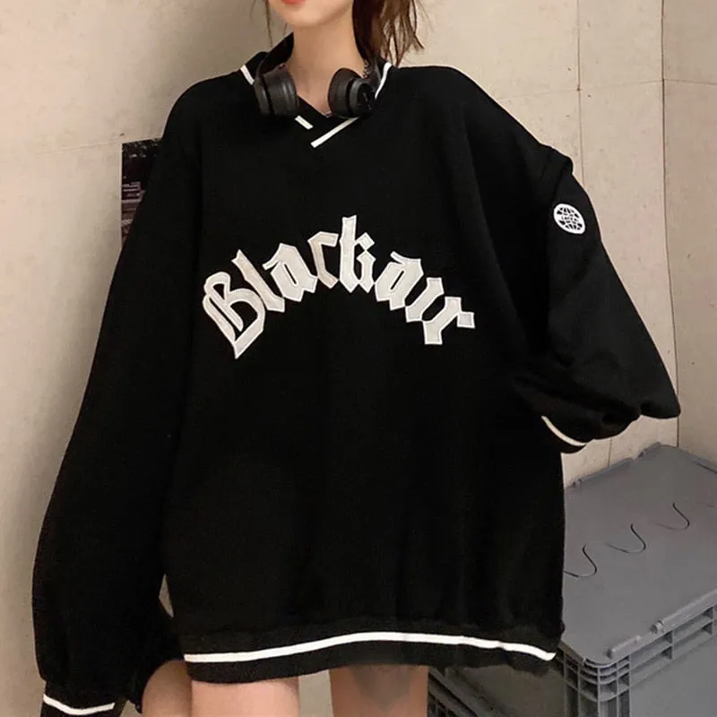 Fashionkova  Women Letter Loose Pullover Tops Tee Korean Harajuku Long-Sleeves Hoodies Female Casual Sweatshirts Pullovers Clothes Oversized