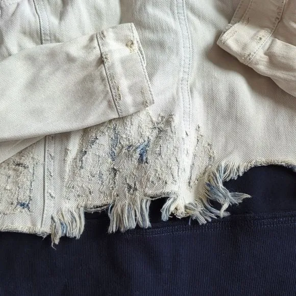 Free People Layer Denim Jacket Women Size XS Blue Hood Weave Distress Teen Wolf