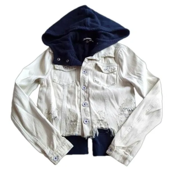 Free People Layer Denim Jacket Women Size XS Blue Hood Weave Distress Teen Wolf