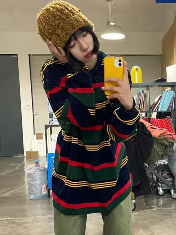 Joskaa Tawaaiw Autumn Vintage Sweatshirt Women Long Sleeve American Retro Striped Sweetshirt Streetwear Grunge Tops Harajuku Hoodie