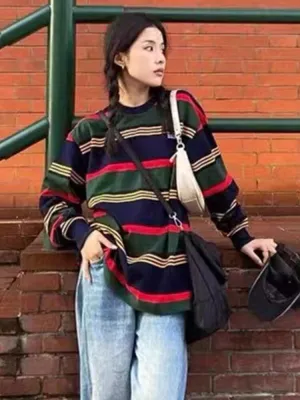 Joskaa Tawaaiw Autumn Vintage Sweatshirt Women Long Sleeve American Retro Striped Sweetshirt Streetwear Grunge Tops Harajuku Hoodie