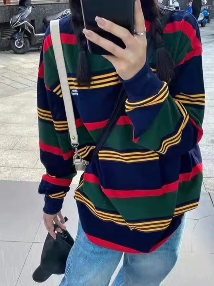 Joskaa Tawaaiw Autumn Vintage Sweatshirt Women Long Sleeve American Retro Striped Sweetshirt Streetwear Grunge Tops Harajuku Hoodie