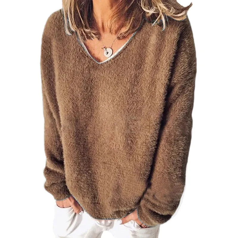 LVSANW Streetwear 5XL Large Size Soft Plush Sweater Casual Long Sleeve V-Neck Loose Pullovers Tops Autumn Winter Women Clothing Sweater