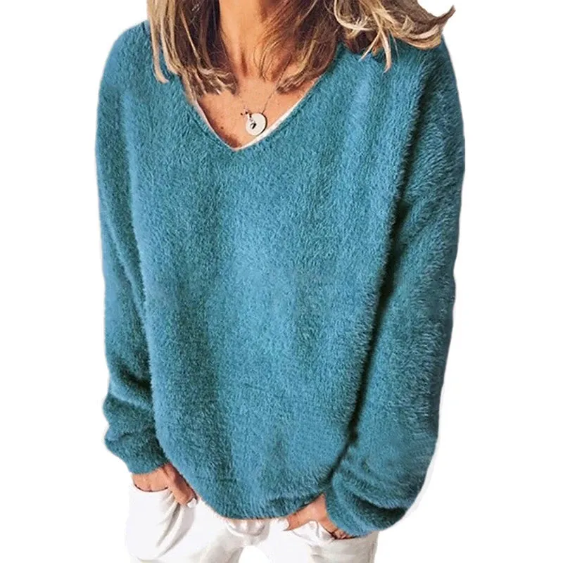 LVSANW Streetwear 5XL Large Size Soft Plush Sweater Casual Long Sleeve V-Neck Loose Pullovers Tops Autumn Winter Women Clothing Sweater