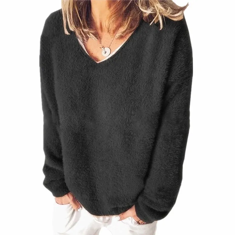 LVSANW Streetwear 5XL Large Size Soft Plush Sweater Casual Long Sleeve V-Neck Loose Pullovers Tops Autumn Winter Women Clothing Sweater