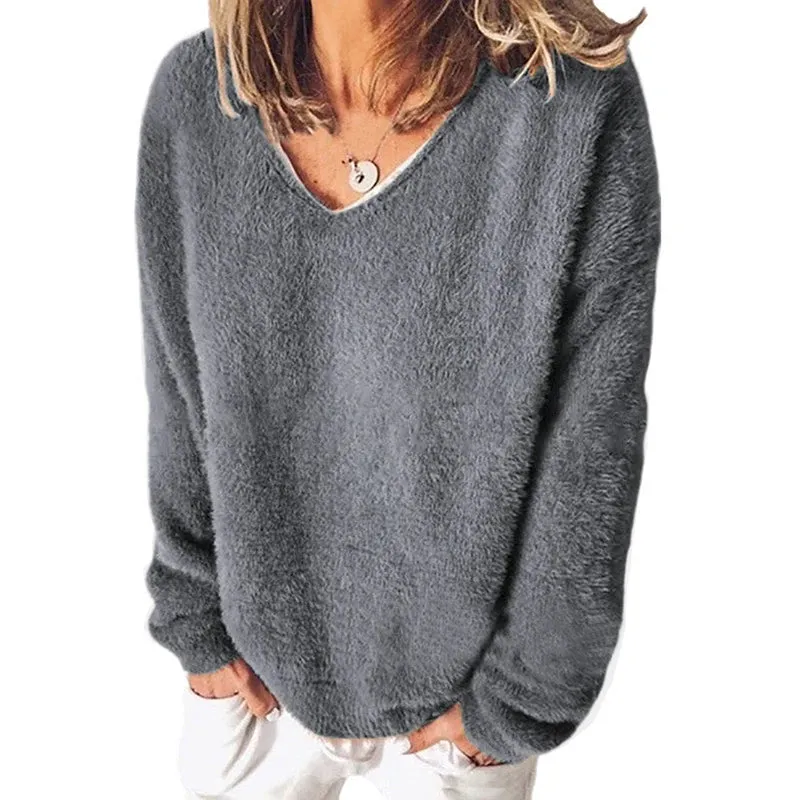 LVSANW Streetwear 5XL Large Size Soft Plush Sweater Casual Long Sleeve V-Neck Loose Pullovers Tops Autumn Winter Women Clothing Sweater