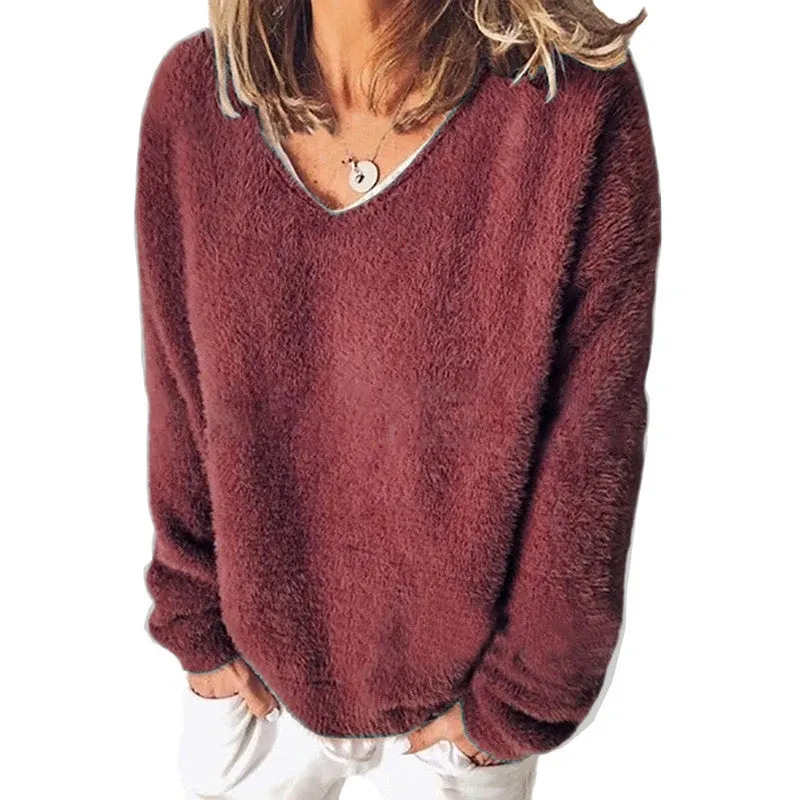 LVSANW Streetwear 5XL Large Size Soft Plush Sweater Casual Long Sleeve V-Neck Loose Pullovers Tops Autumn Winter Women Clothing Sweater